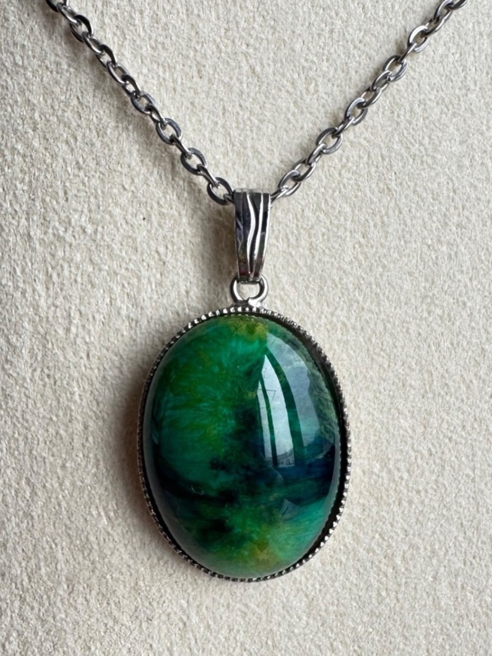 Vintage Green Porcelain Pendant Necklace Oval Silver Tone Minimalist Jewelry